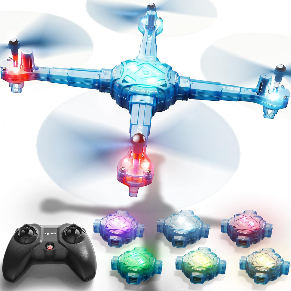 SYMA mini drone at night with colorful LEDs for dramatic night flights