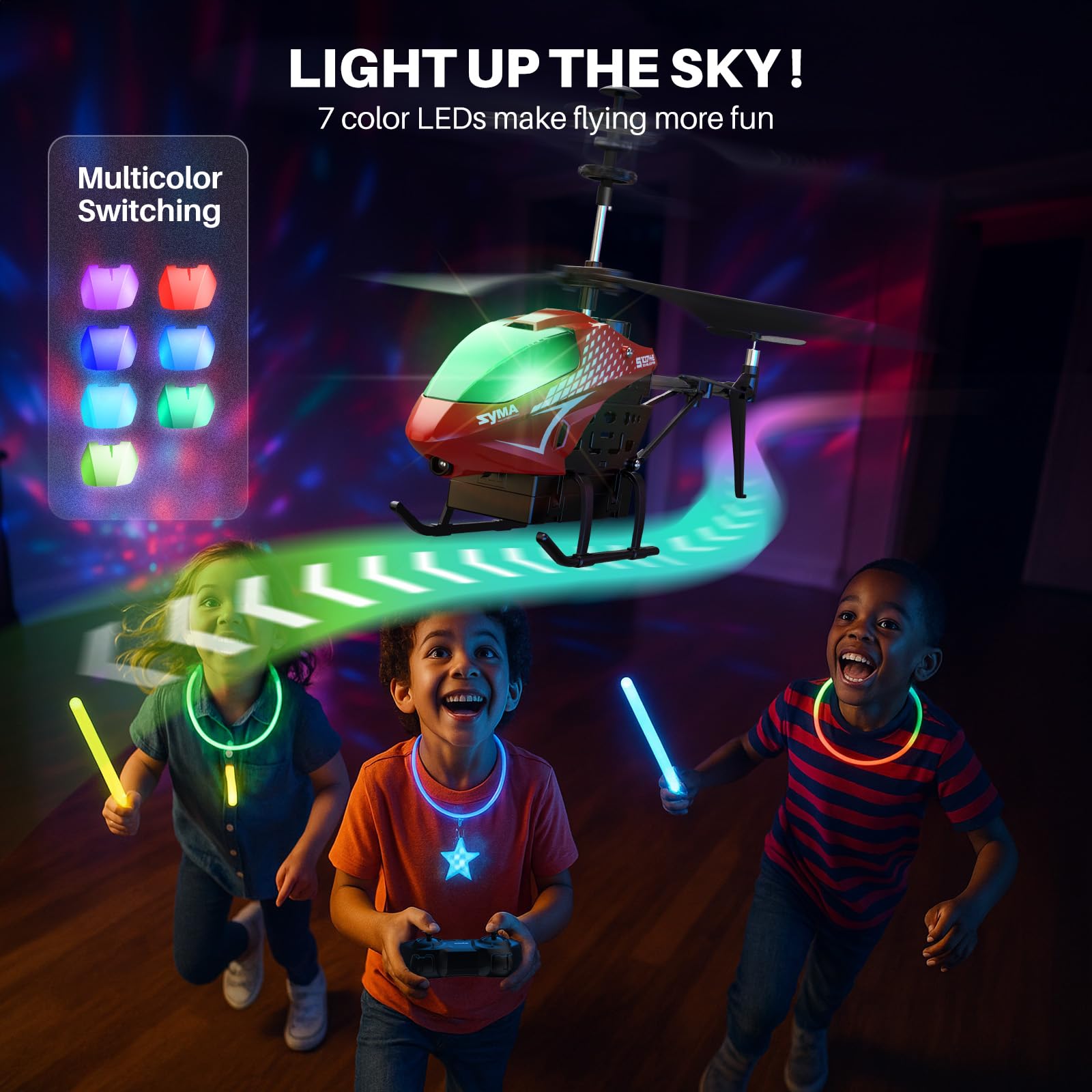 SYMA RC helicopter side flight shows smooth indoor maneuvering.