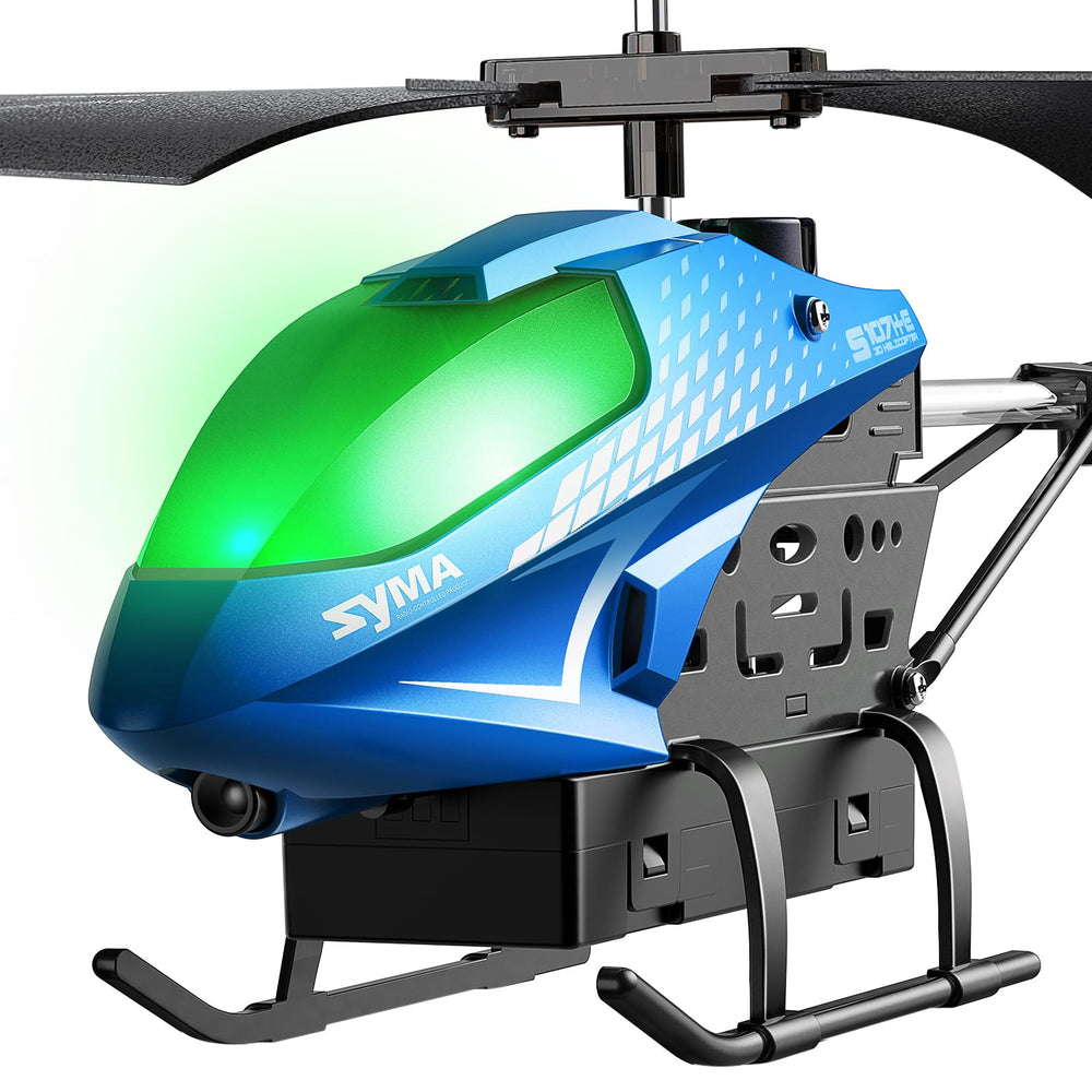 SYMA S107H-E helicopter in flight with two batteries for extended playtime