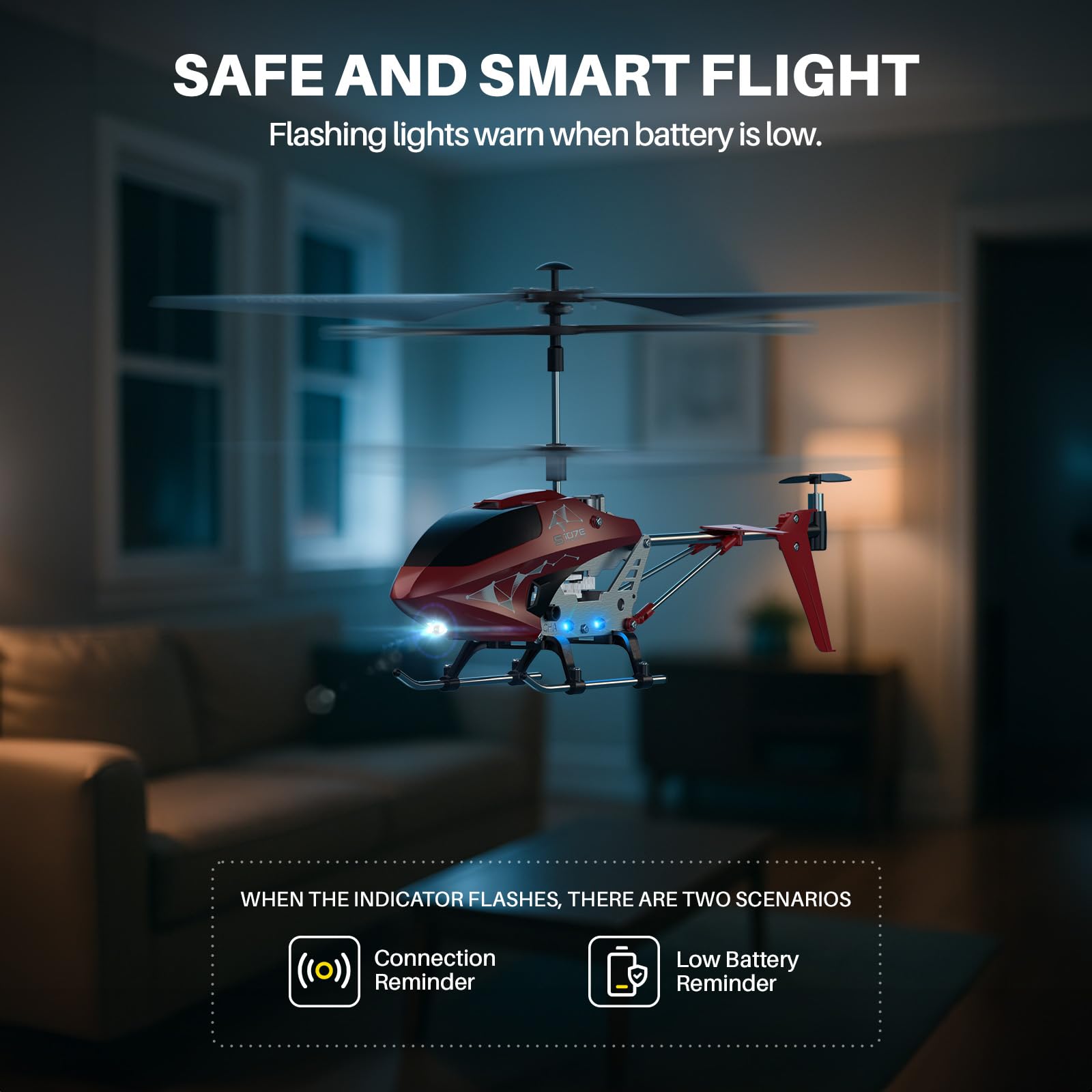 SYMA S107H-E indoor flying action in play space.