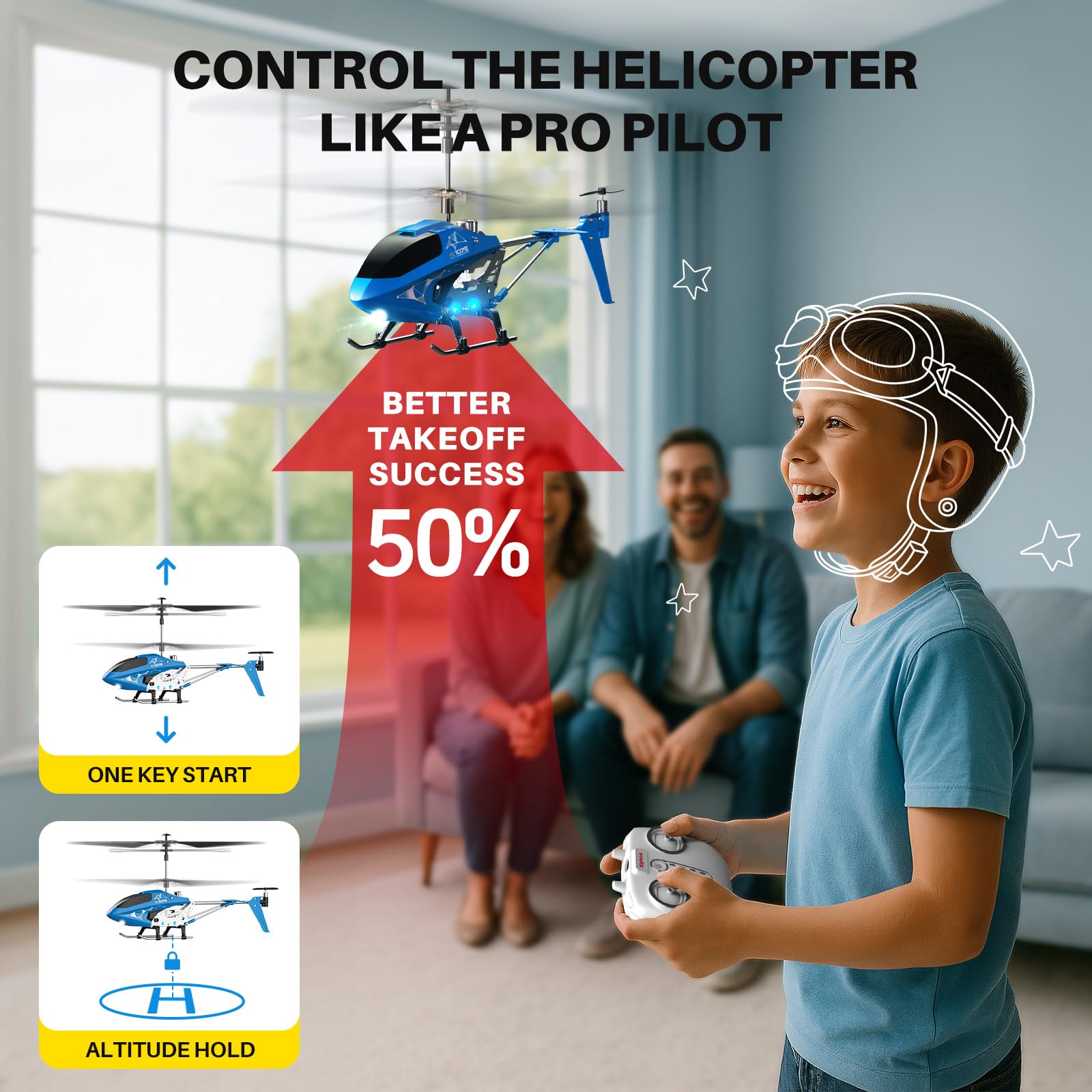 SYMA S107H-E LED headlights for night flights and alerts.