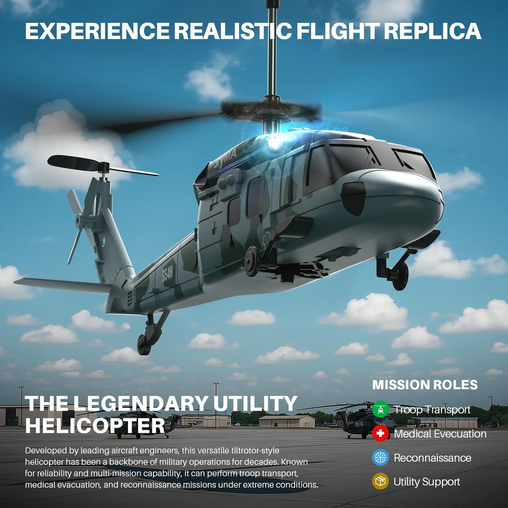 SYMA S54H helicopter side view emphasizes compact size for indoor and outdoor flights.