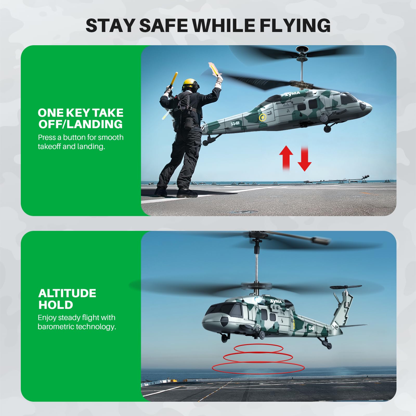 SYMA S54H upgraded protection system provides safer play and durability.