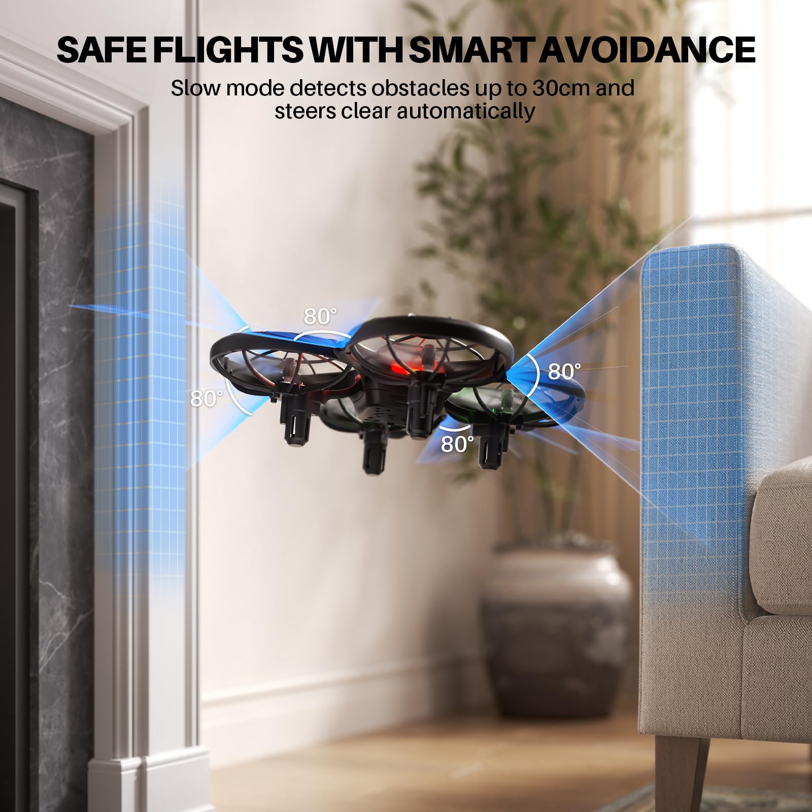 SYMA X100 with protective guards visible, reducing blade risk during play.