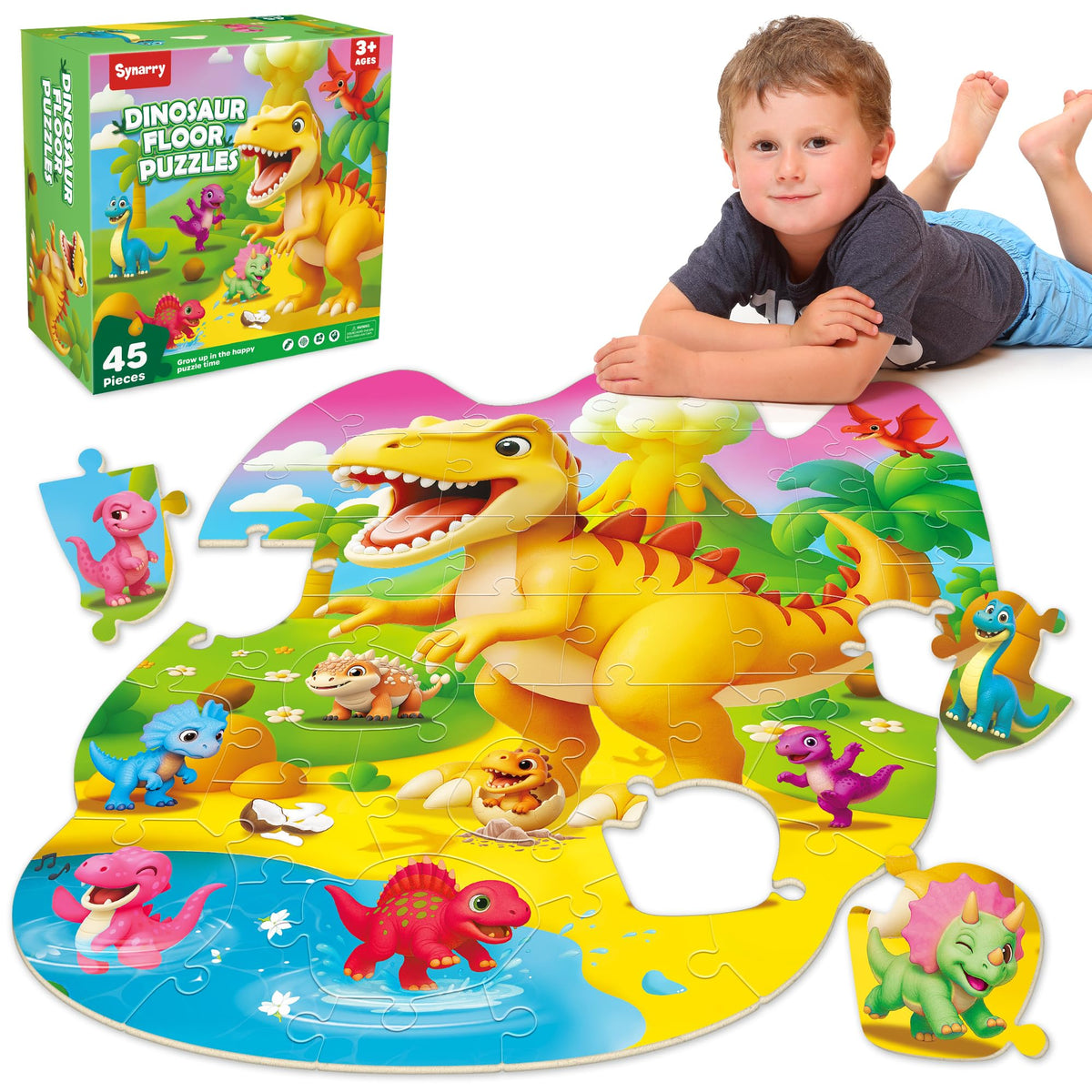 SYNARRY dinosaur floor puzzle 45-piece box display invites imaginative play and learning.