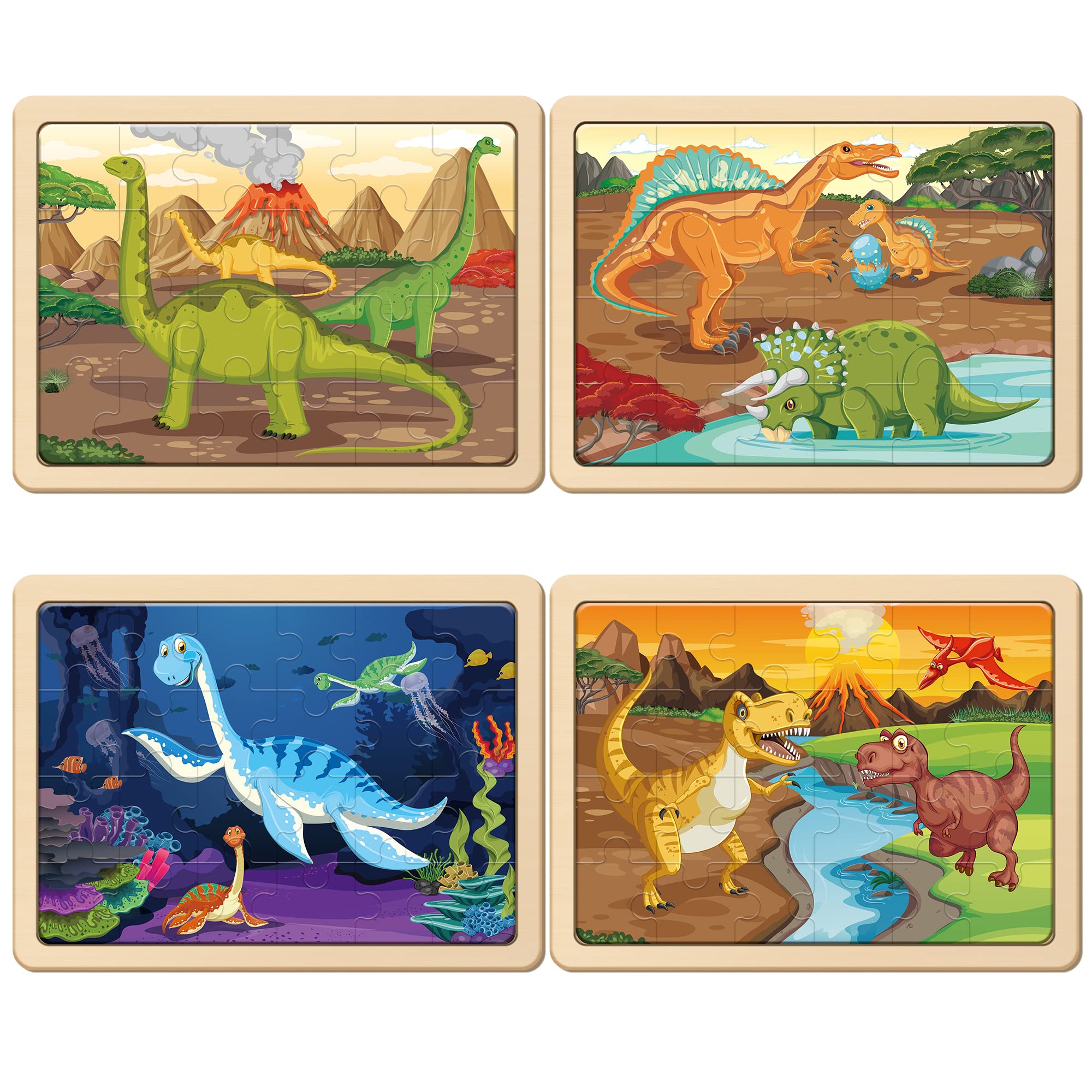 SYNARRY dinosaur puzzle pieces arranged to reveal ocean, land, and air adventures.