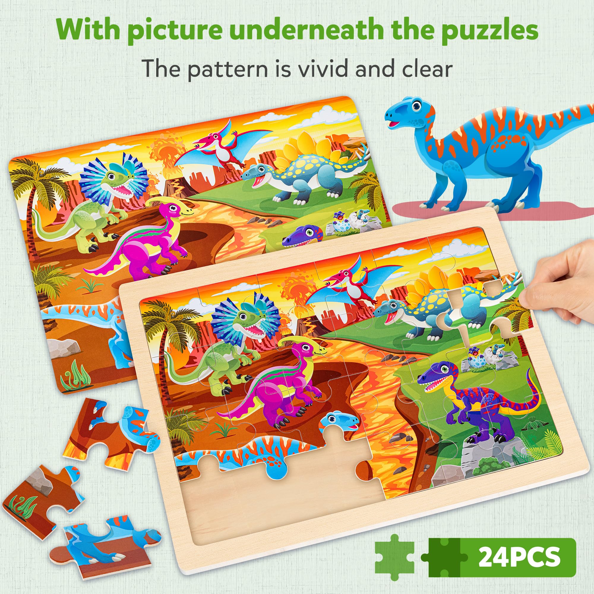 SYNARRY four-scene dinosaur puzzle box showcases valley, volcano, grassland, and ocean.