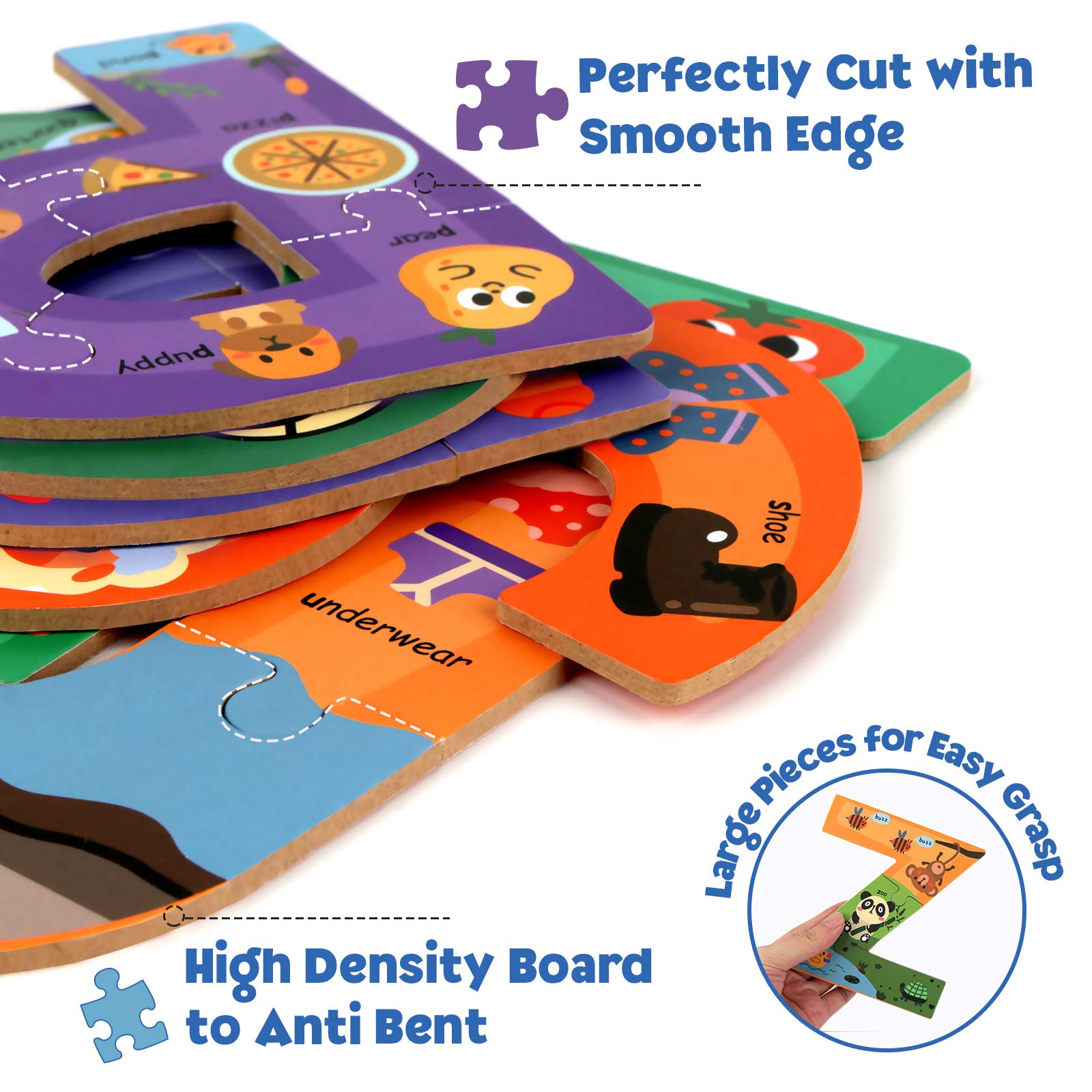 Synarry 26-letter puzzle promotes fine motor skills and problem solving.