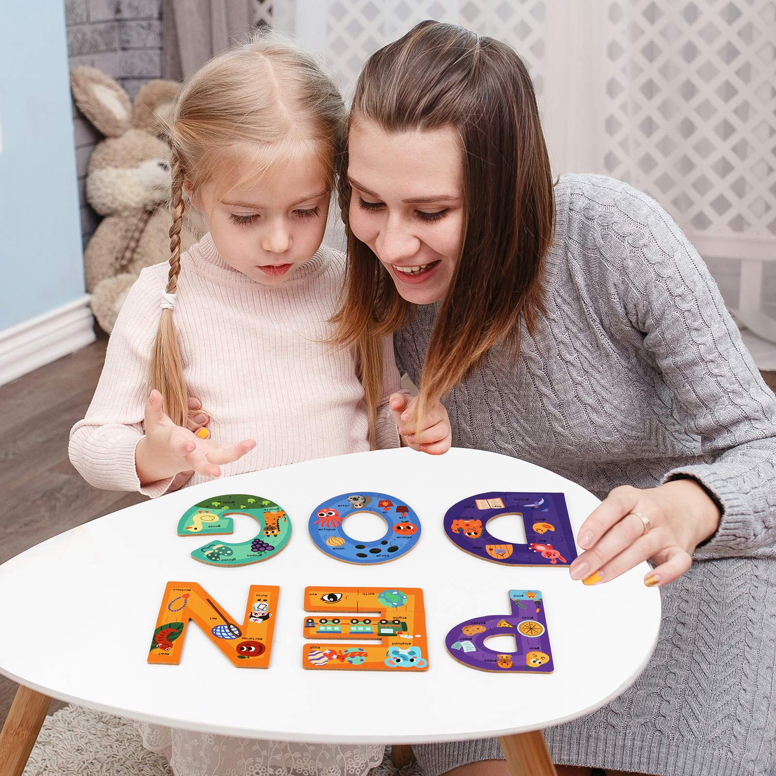 Synarry Montessori-inspired ABC puzzle features durable wooden pieces.