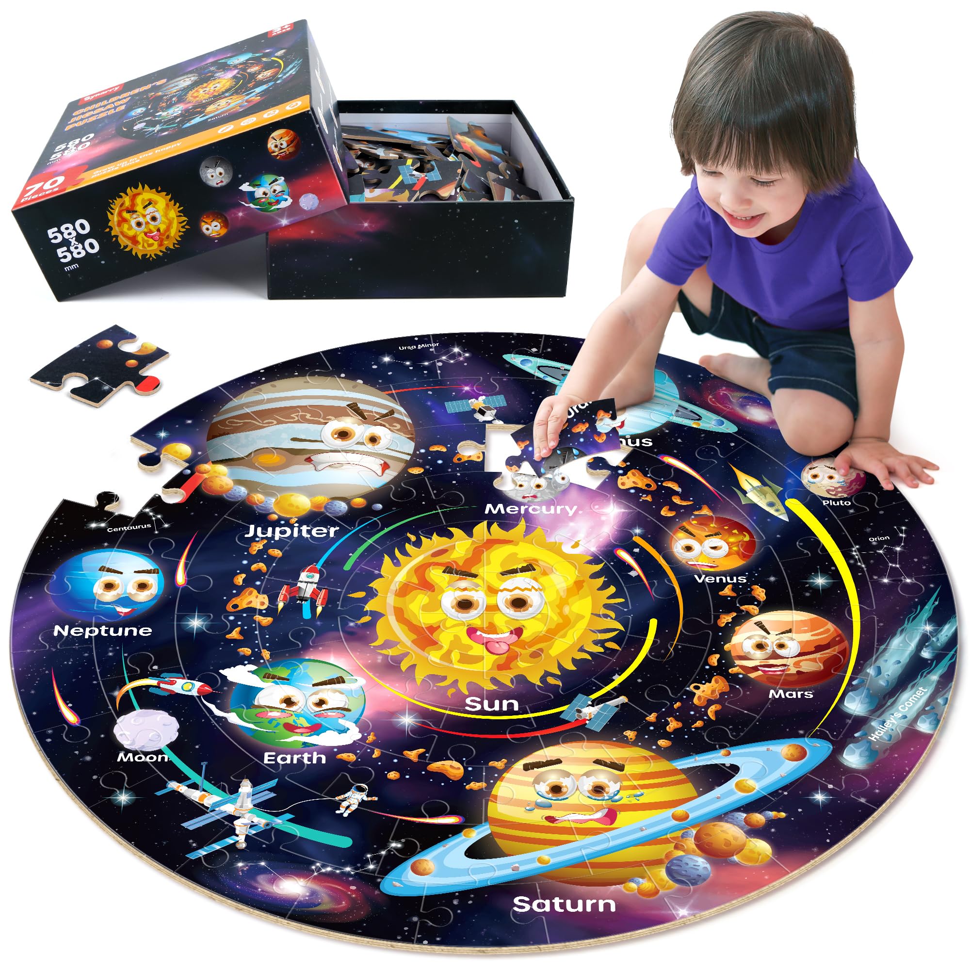 SYNARRY Solar System puzzle sun with friendly faces sparks early space curiosity