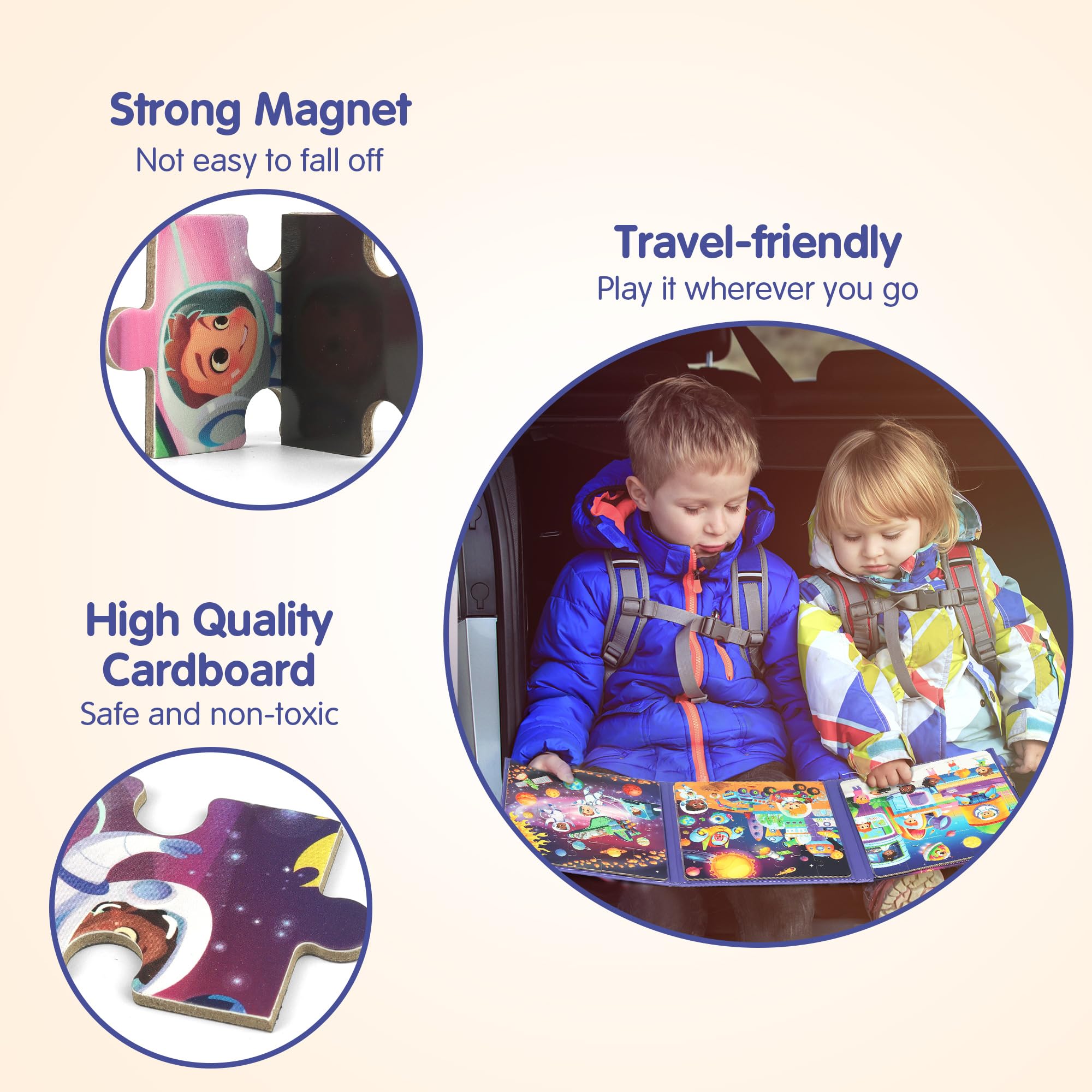 SYNARRY travel activity use image shows portable puzzle play in car or plane.