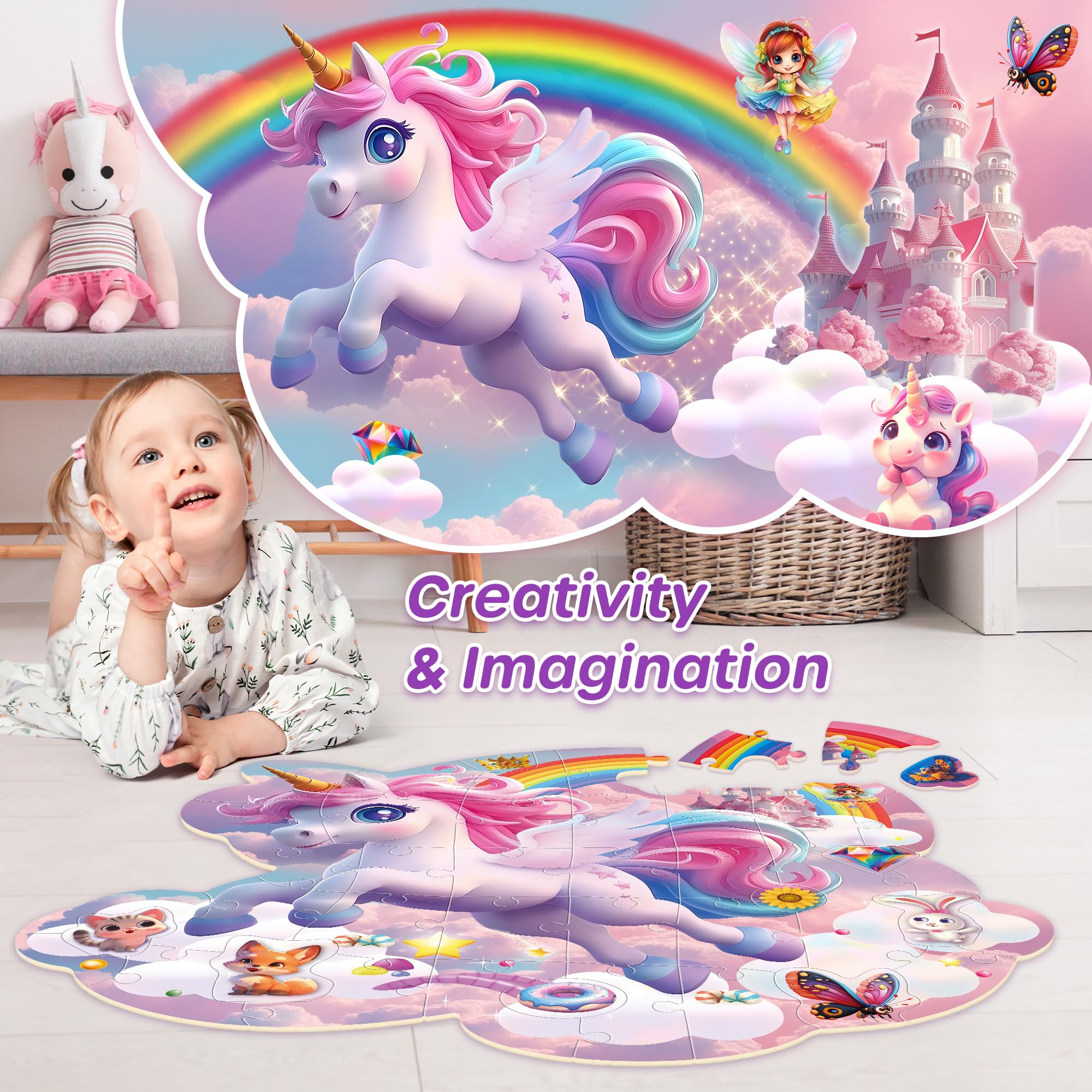 SYNARRY Unicorn floor puzzle challenge side adds complexity for older kids.