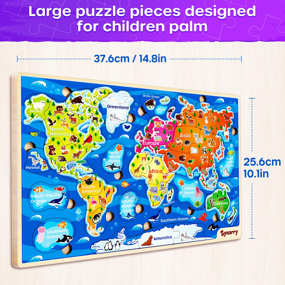 SYNARRY US World Puzzles child playing with cheerful, safe wooden pieces.