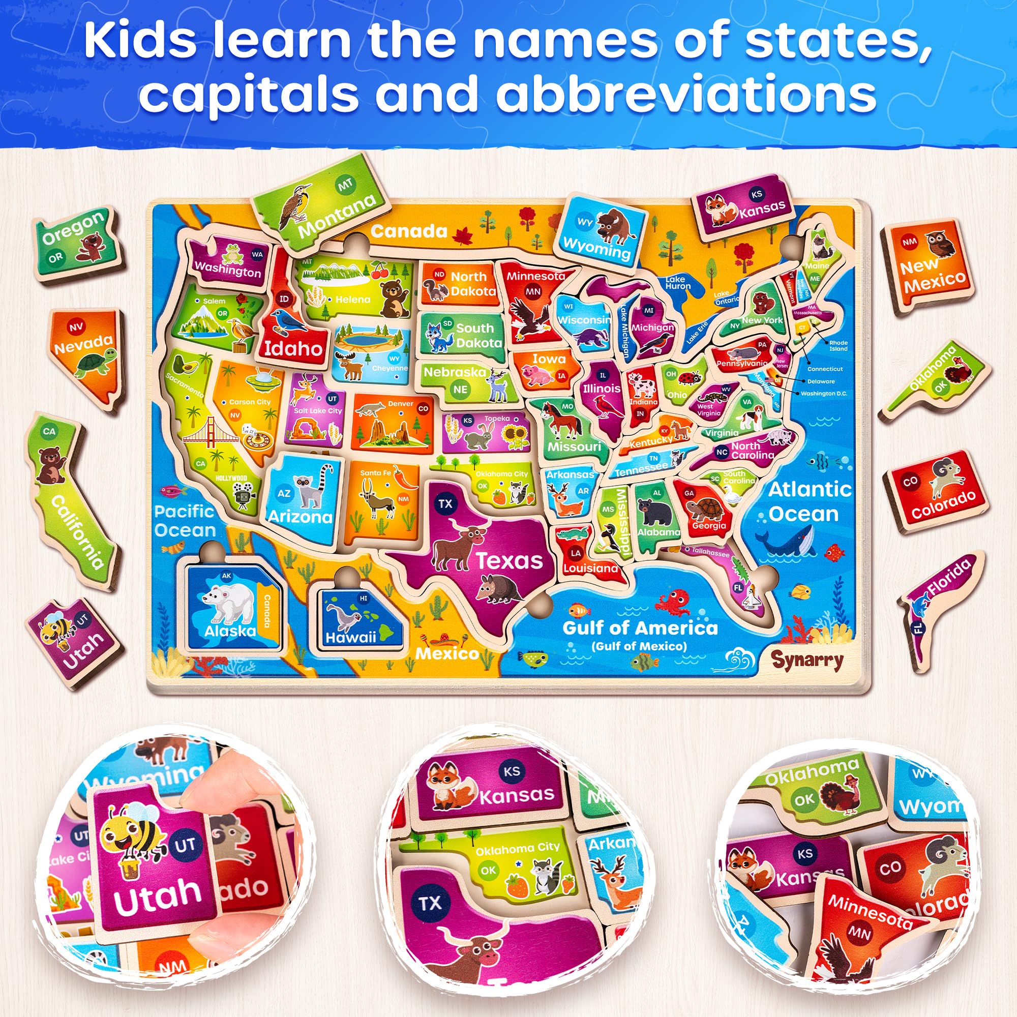 SYNARRY US World Puzzles wooden world map in use highlights global exploration.