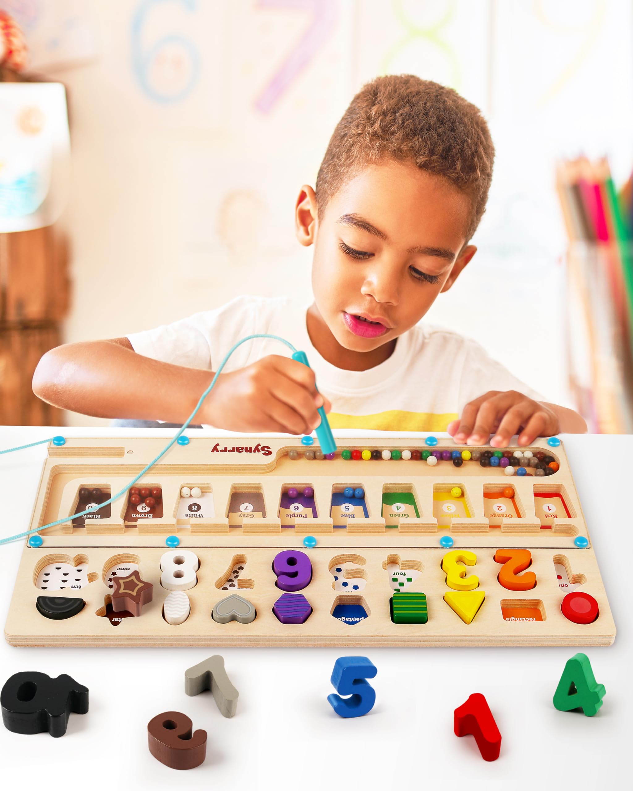 SYNARRY wooden blocks for color sorting and shape matching used in hands-on learning.