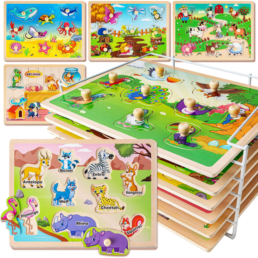 SYNARRY wooden animal puzzles for toddlers with six pieces to develop early skills.