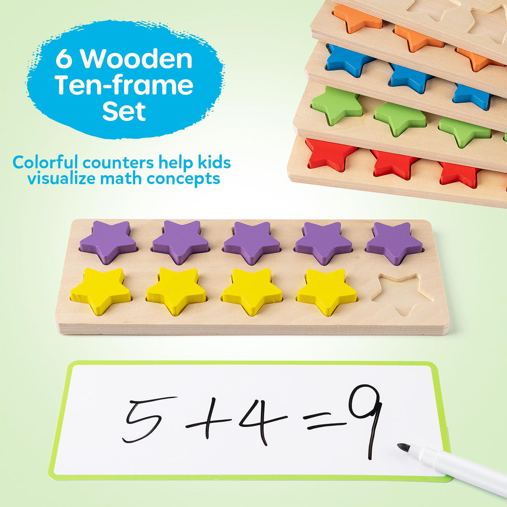 SYNARRY wooden ten-frame counters in bright colors for addition and subtraction practice.