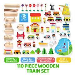 SYNCFUN 110PCS wooden train set city scene – seven themes spark imaginative storytelling