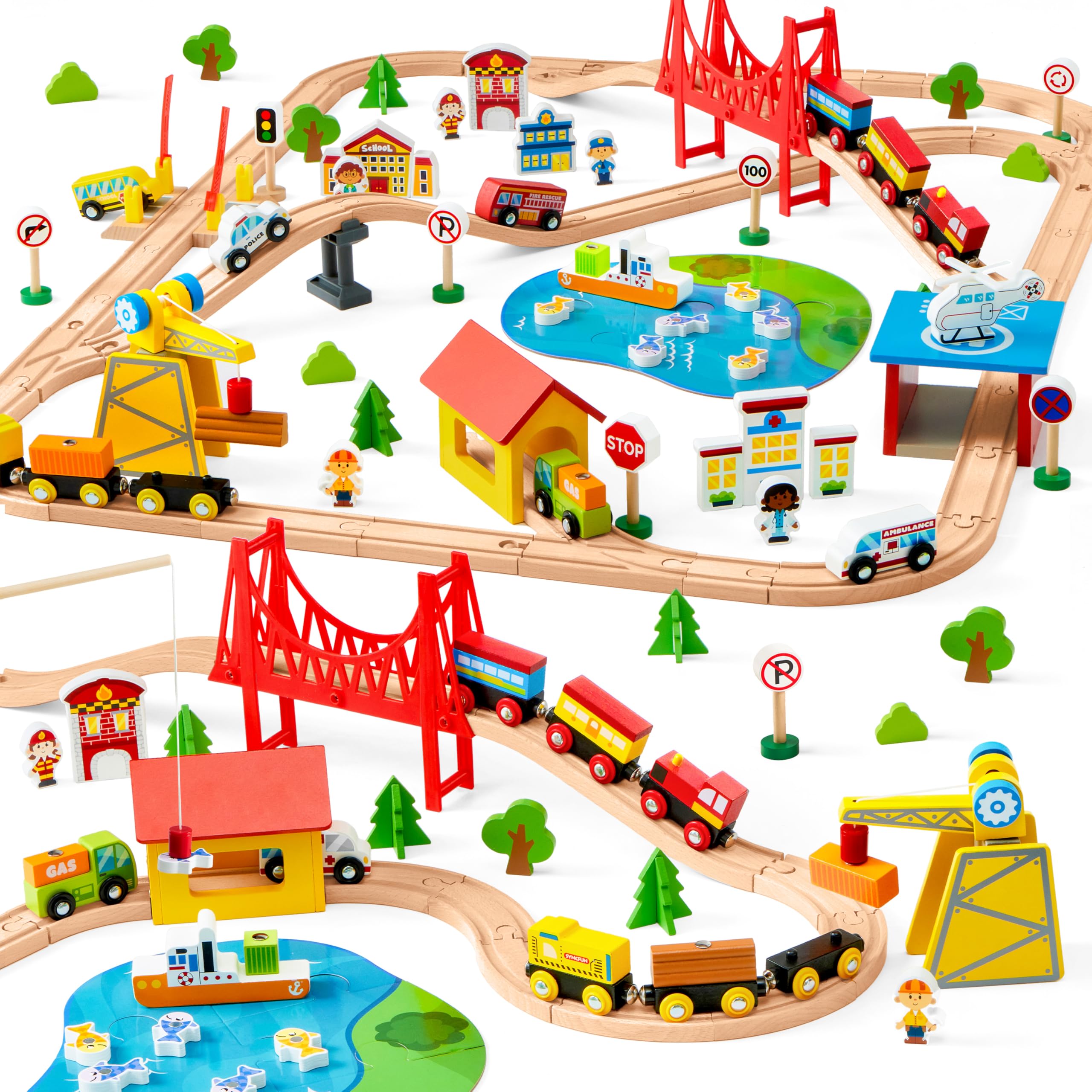 SYNCFUN 110PCS wooden train set tracks – durable wood for creative city layouts