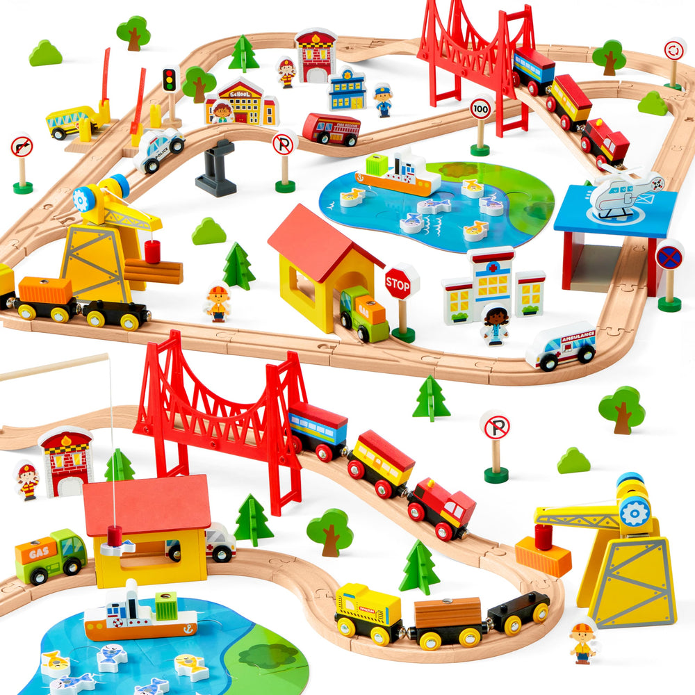 SYNCFUN 110PCS wooden train set tracks – durable wood for creative city layouts