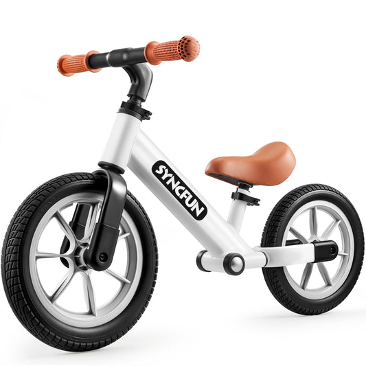 SyncFun 12-inch toddler balance bike front view highlights lightweight design for easy transport.