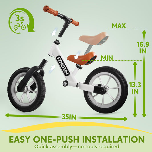 SyncFun balance bike side view showcases adjustable seat and handlebars for growing kids.