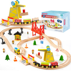 SYNCFUN 60-piece wooden train set assembled for creative family play.