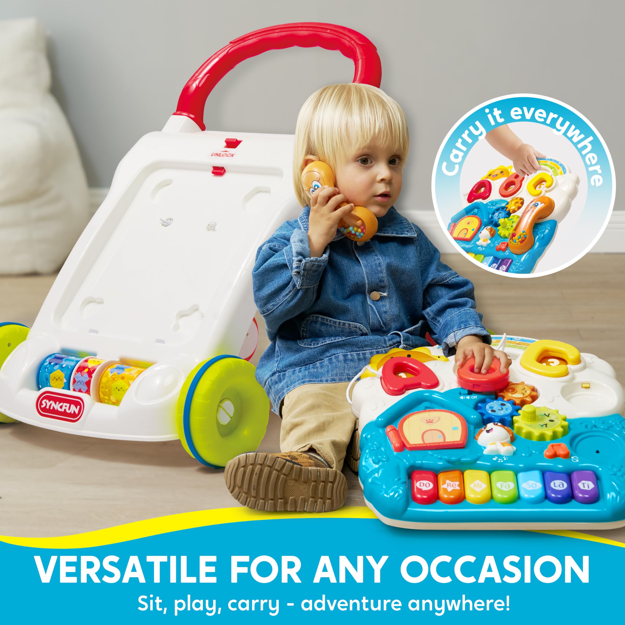 SYNCFUN walker detachable panel shows versatile play options on floor.