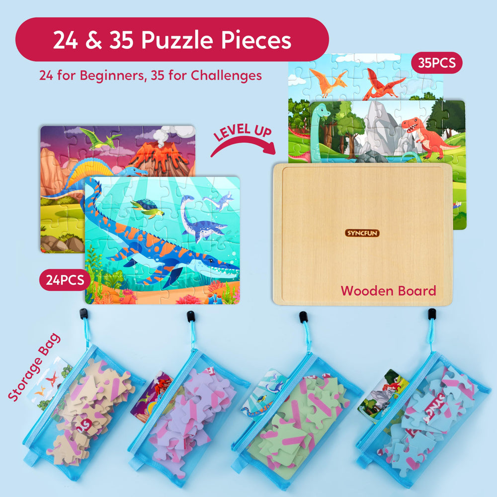 SYNCFUN 24-piece dinosaur puzzle scene supports growing hand-eye coordination.