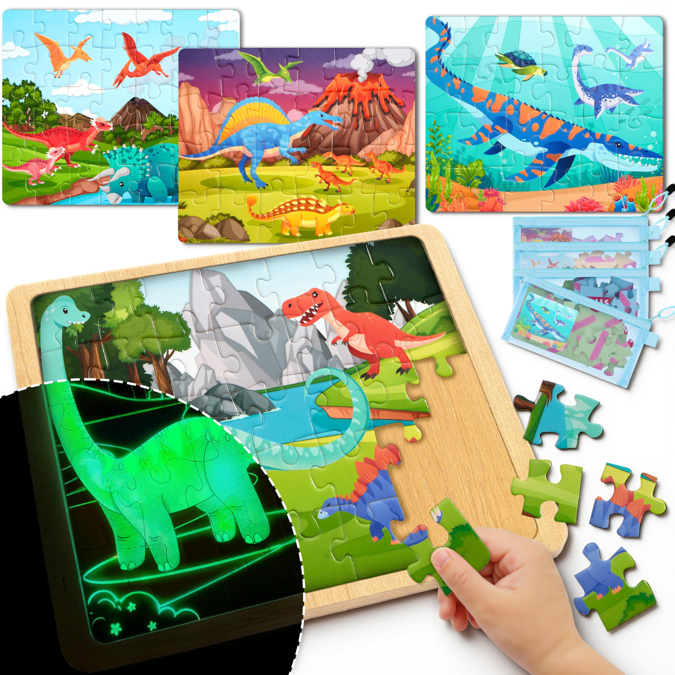 SYNCFUN 4-in-1 dinosaur puzzle box showing four colorful scenes for imaginative play.