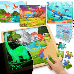 SYNCFUN 4-in-1 dinosaur puzzle box showing four colorful scenes for imaginative play.
