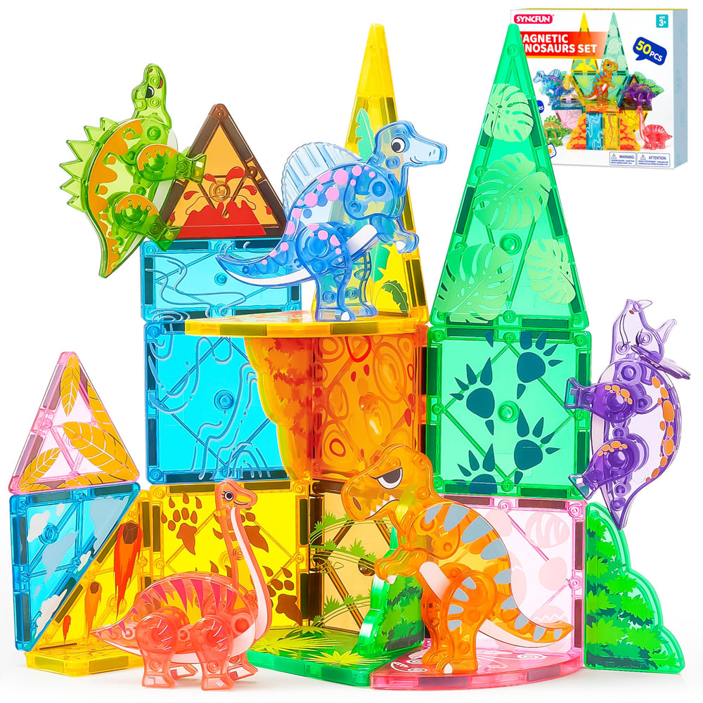SYNCFUN T‑Rex figure on dinosaur tiles for imaginative play and fine motor practice.