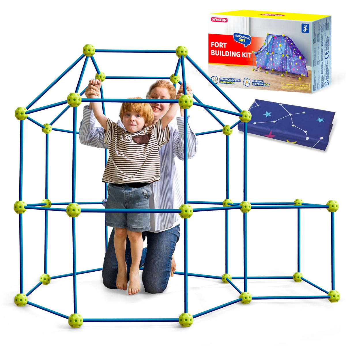 SYNCFUN Fort Building Kit demonstrating easy indoor assembly for creative play.