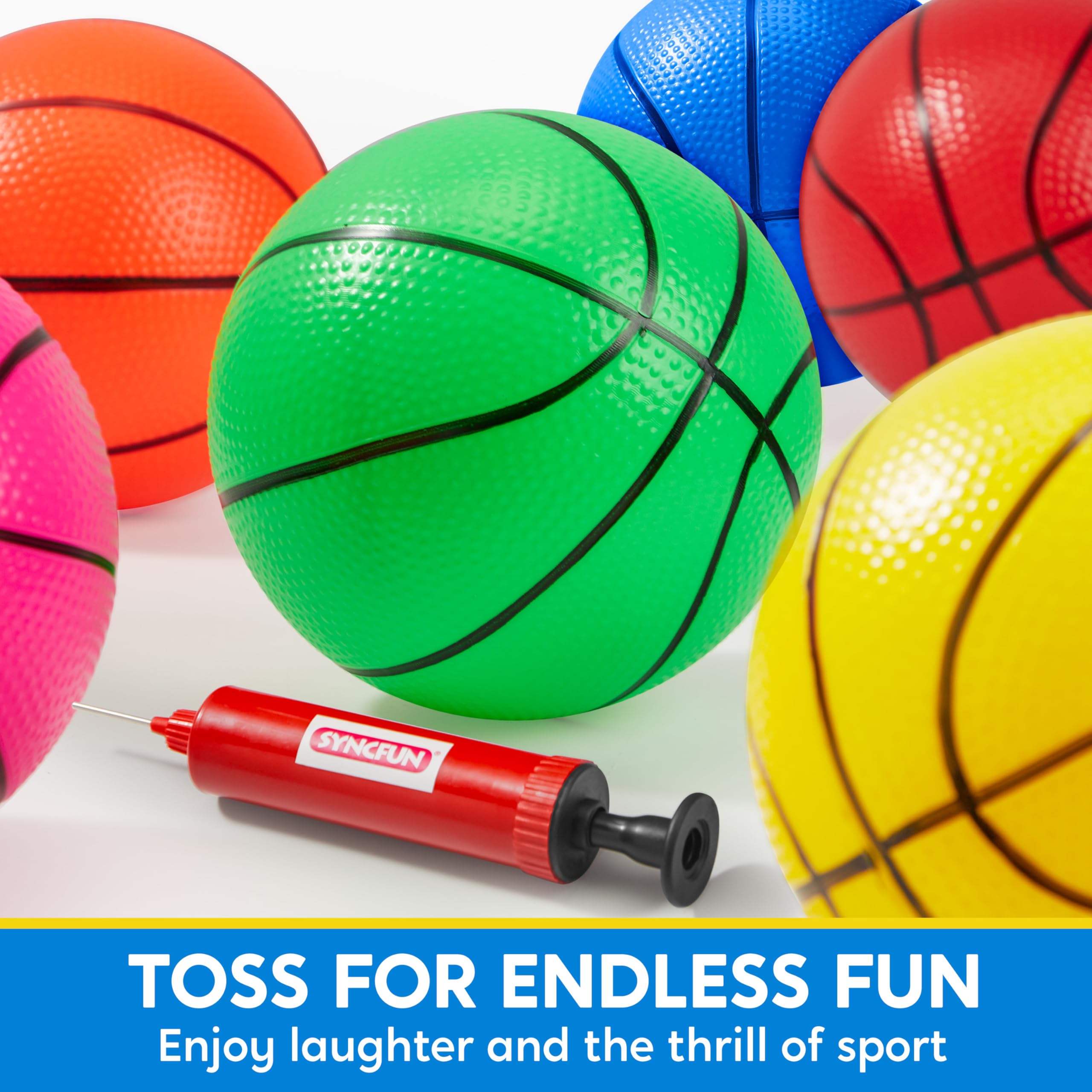 SYNCFUN six-color mini basketballs with vibrant surface for grip.