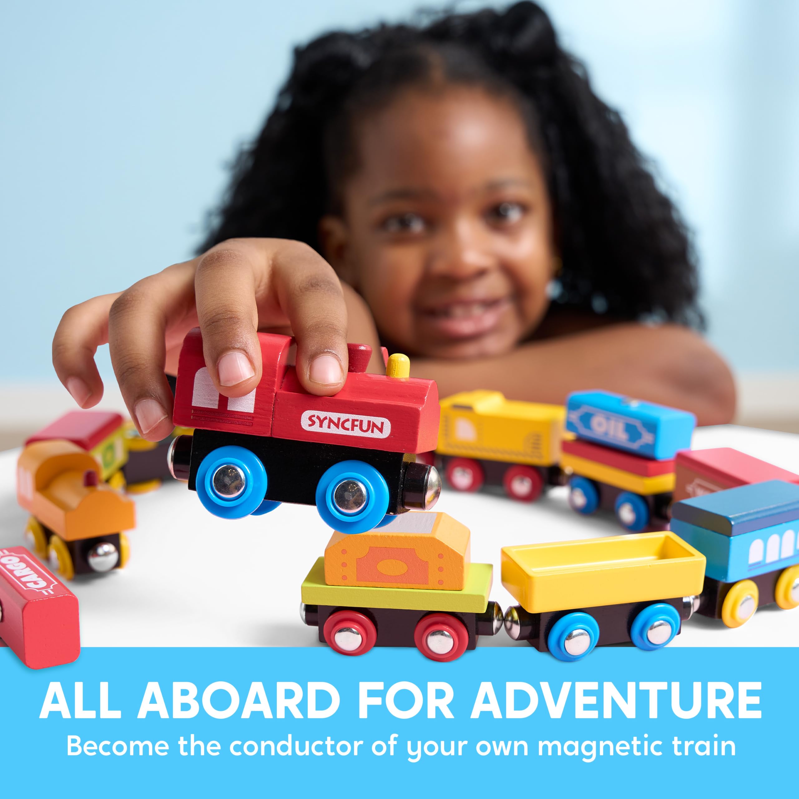 SYNCFUN coal car with magnetic cargo enables interactive loading and unloading play.