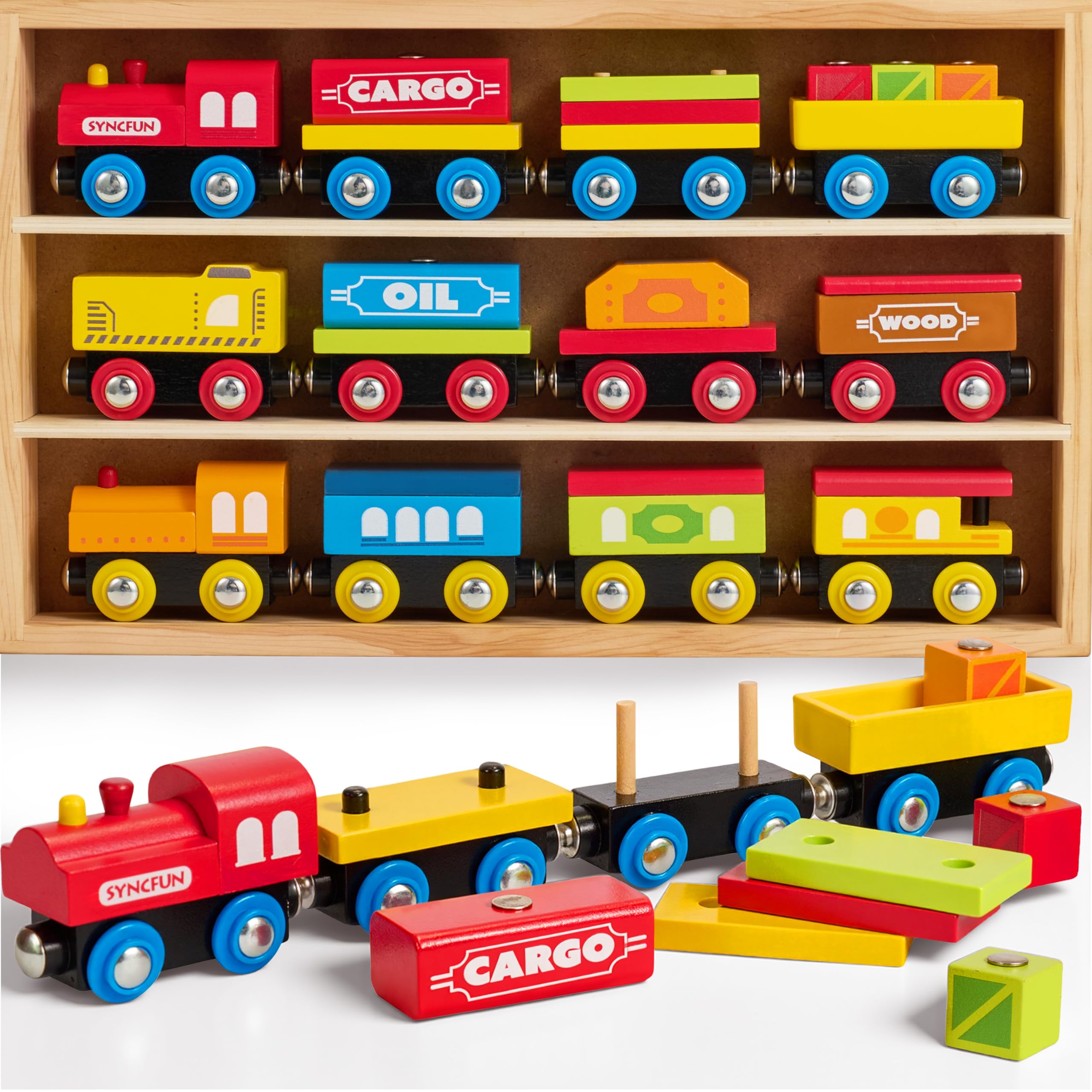 SYNCFUN Montessori wooden train engine promotes imaginative play with durable craftsmanship.