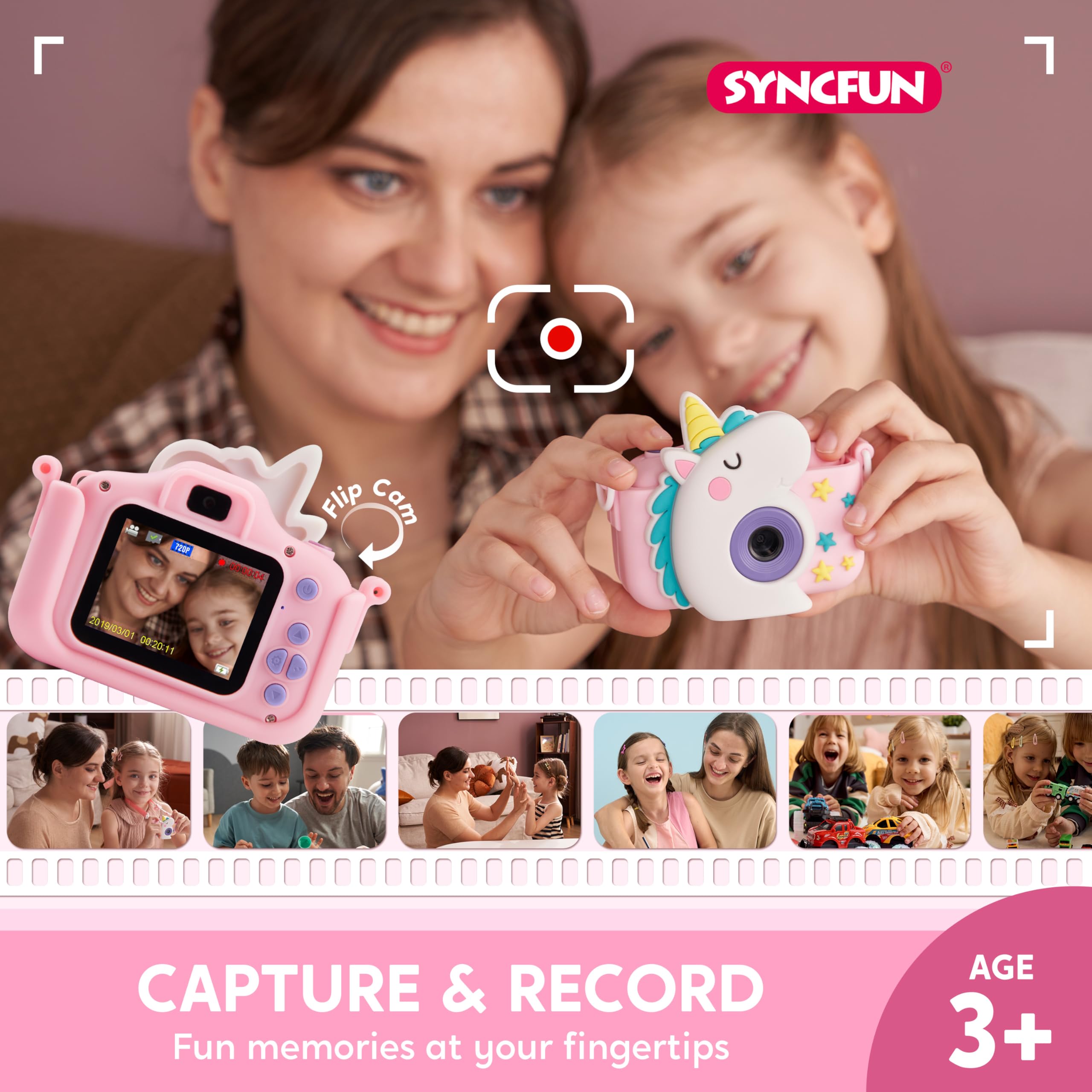 SYNCFUN Unicorn Kids Camera back view, simple controls for selfies