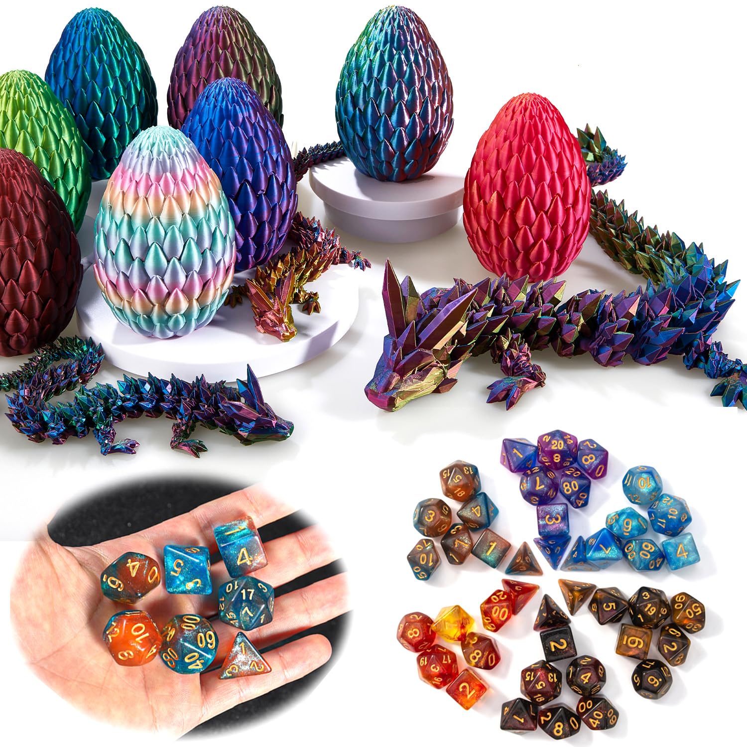 syouces polyhedral dice in assorted colors with precise engravings for tabletop RPGs