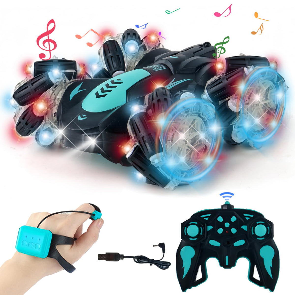SYOZAC gesture-sensing RC stunt car in blue sparks dynamic, imaginative play.