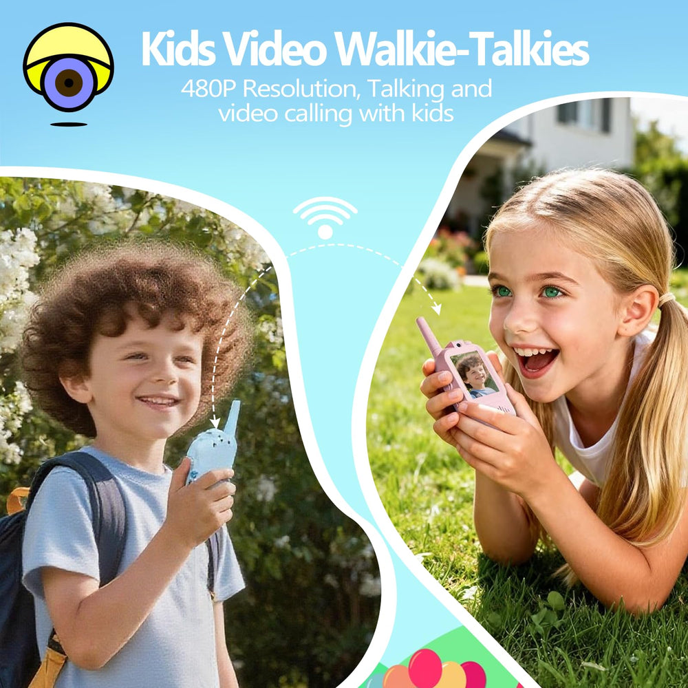 Kids use Syutinn walkie-talkies for video calls with a bright screen.