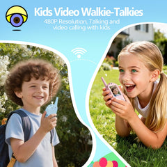 Kids use Syutinn walkie-talkies for video calls with a bright screen.