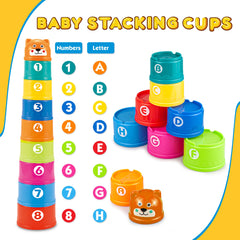 SYUUKH 2-in-1 stacking toys teach colors, shapes, and basic sequencing.