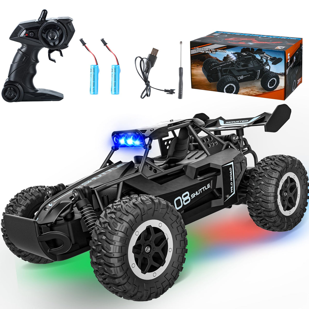 SZJJX remote control car with bright LED headlights for night racing.