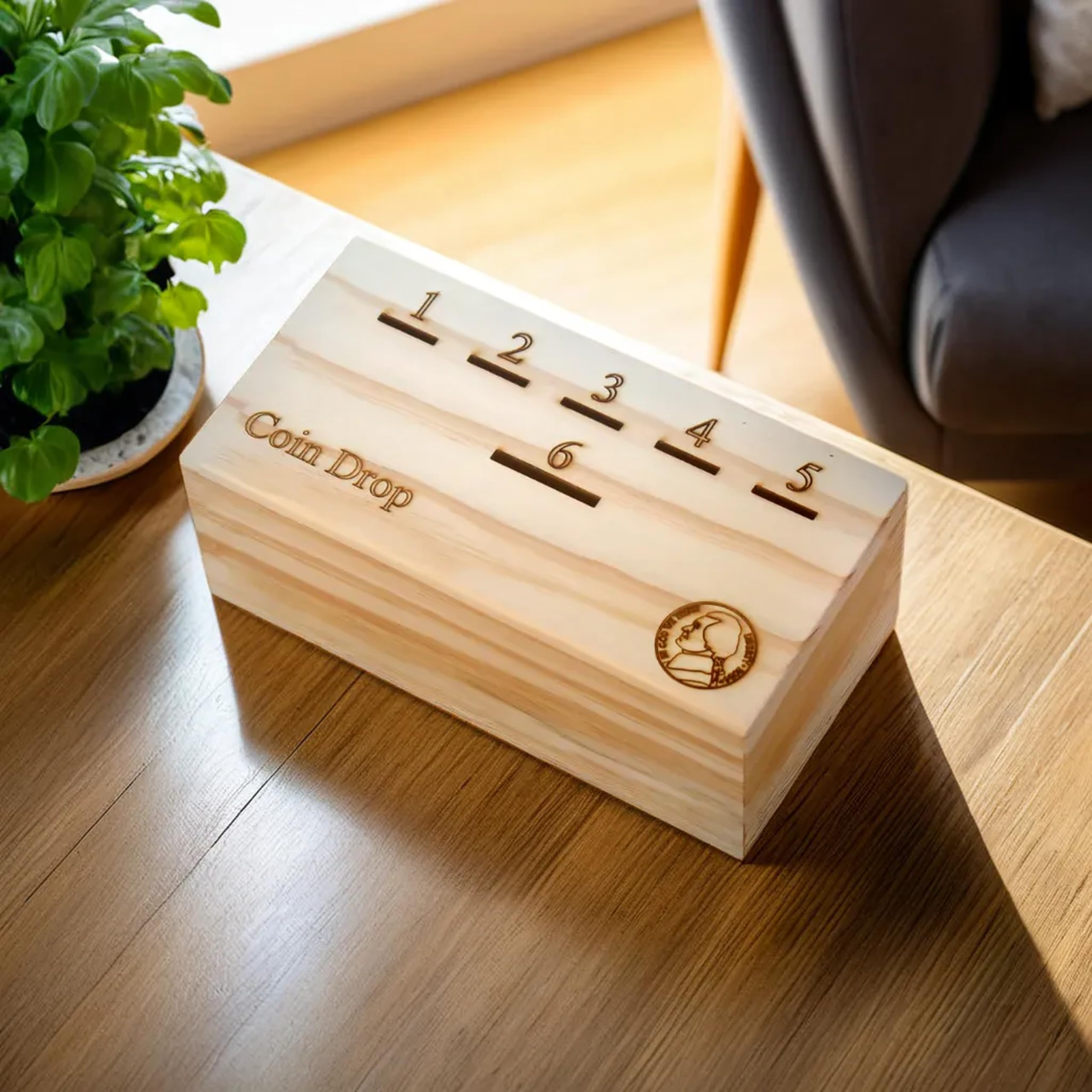 T one woods wooden coins ready to drop into the box for a playful challenge