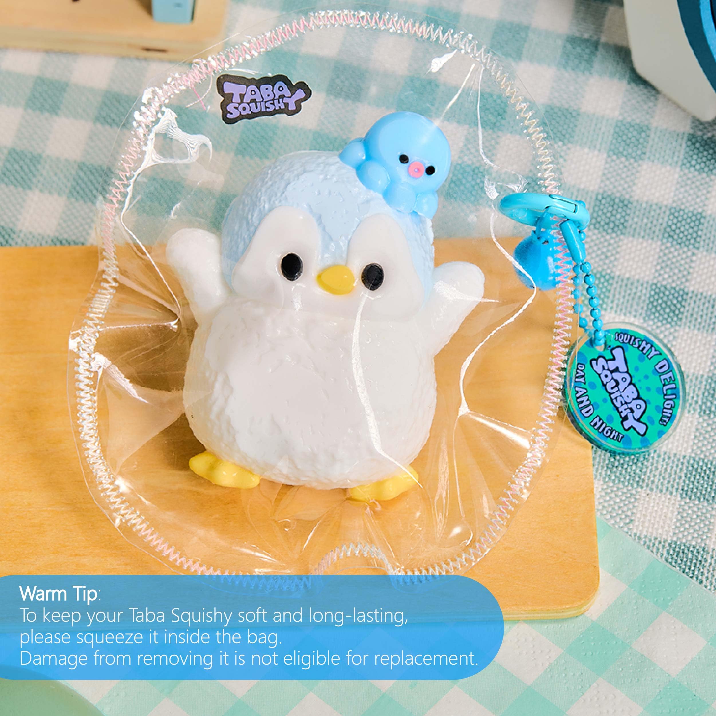TabaSquishy blue penguin packaging shows elegant gift-ready box.