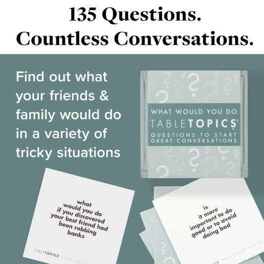 TableTopics 135-conversation-cards pack on table sparks lively debates.