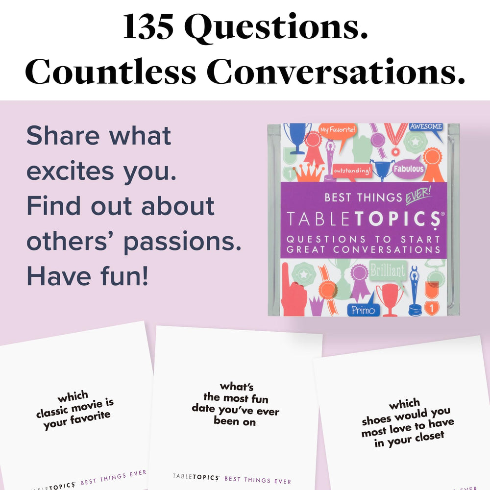 TableTopics Best Things Ever question cards spread for engaging talks.