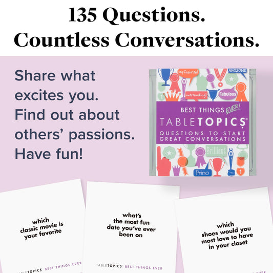 TableTopics Best Things Ever question cards spread for engaging talks.