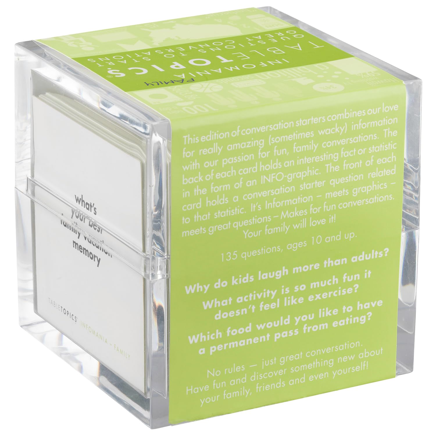 TableTopics Infomania deck box keeps cards organized for family game nights.