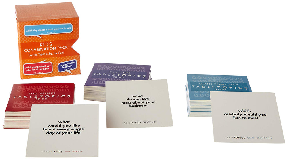 TableTopics Kids with gratitude cards to encourage thankful chats.